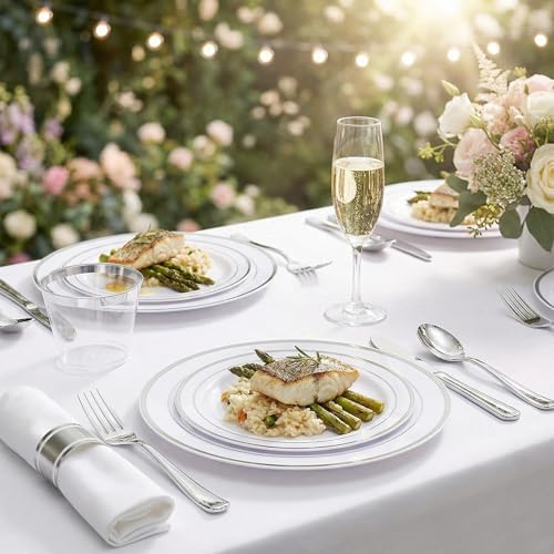 WELLIFE 350Pcs Silver Plastic Plates for 50 Guests - Disposable Dinnerware Set, Party Supplies Includes 100 Silver plates,150 Silverware,50 Napkins,50 Cups, Plastic Plates for Party and Wedding - Image 5