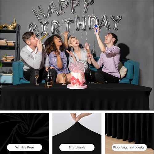 4 Pack Black Spandex Table Covers 8ft Rectangle Ruffle Skirts for Party - Image 6