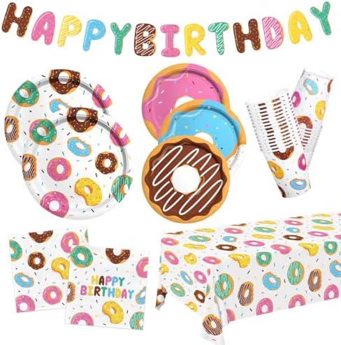 Donut Party Supplies Kit for 24 - Sweet 1st Birthday, Two Sweet and Donut Grow Up Birthday Themes | Includes Plates, Napkins, Cups, Tablecloth & Banner for Donut Party Decorations & Favors by Gatherfun
