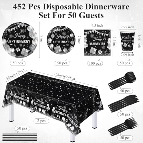 Funnymoom 452 Pcs Retirement Party Decorations Supplies Set Include Black and Silver Retirement Paper Plates Napkins Cups Tablecloth Cutlery Straws for Men Women Say Goodbye Party - Image 3