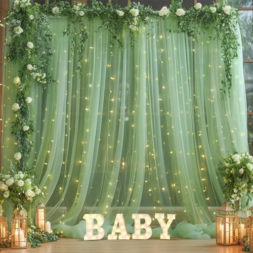 10x8ft Olive Green Tulle Backdrop Curtain with Lights String for Parites, Sheer Photo Backdrop Drapes with Lights for Wedding Backdrop Ceremony Reception Bridal Shower Baby Shower Birthday Party - Image 4