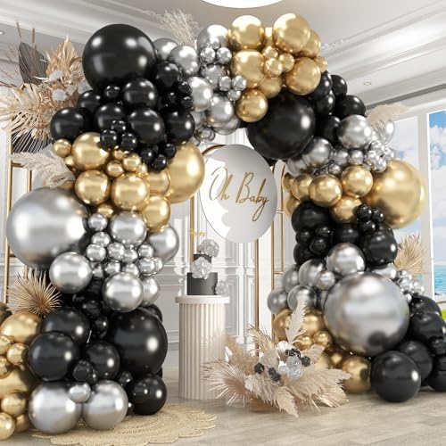 412Pcs Black Gold Silver Balloons Garland Arch Kit,18 12 10 5 Inch Different Size Latex Balloons for Graduation Birthday Wedding Party Decorations by PAXILE