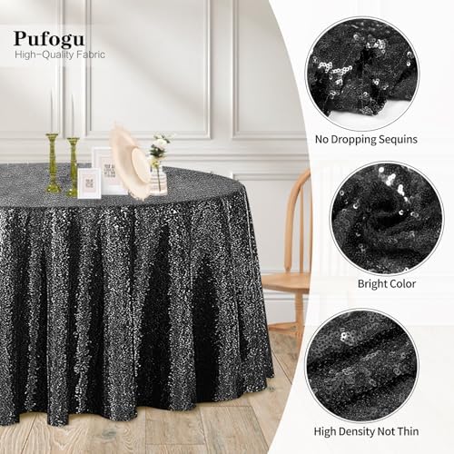 Pufogu 120" Round Black Sequin Tablecloth Glitter Black Table Cloths for Birthday Wedding Bridal Baby Shower Party Decorations - Image 3
