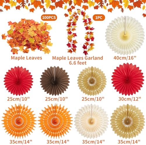 Fall Party Decorations, Orange Hanging Paper Fans, 100 Pcs Artificial Maple Leaves, Fall Leaves Garland, Fall Hanging Decorations, Pumpkin Orange Colors for Thanksgiving, Harvest Home Decor - Image 2