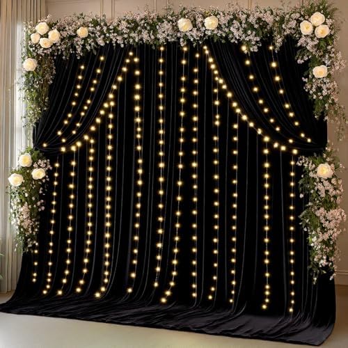 10 x 10ft Black Backdrop Curtains with Lights String for Party by PartyTalk