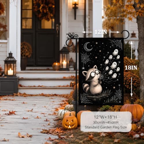 Halloween Garden Flag Whimsical Raccoon Ghost Dandelion Black Flag 12x18 - Image 3