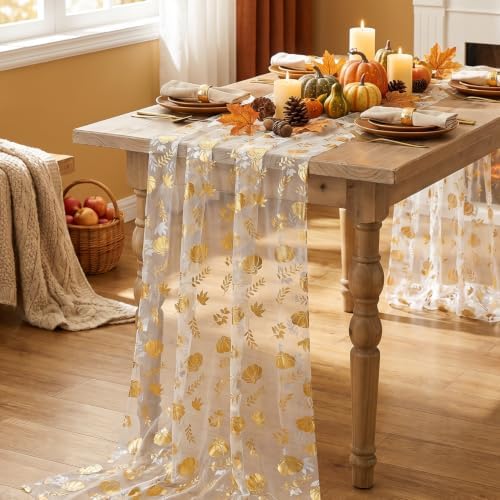 Artoid Mode Fall Gauze Table Runner 120 Inch, Metallic Foil Leaves - Image 3