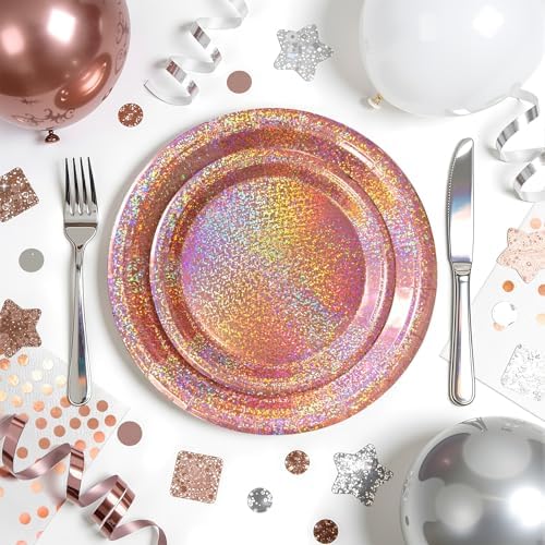 Rose Gold Party Decor, 75 Pcs Iridescent Paper Plates and Napkins Set - Image 5