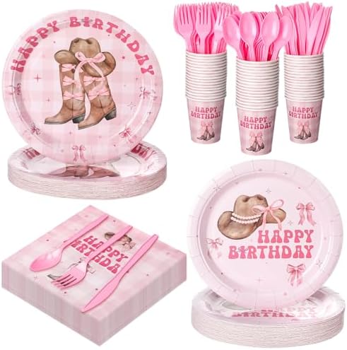 Yungyan 252 Pcs Pink Bow Cowgirl Birthday Party Tableware Set Included Plates Napkins Cups Forks Knives Cutlery for Party Decorations Supplies 36 Guests by Yungyan