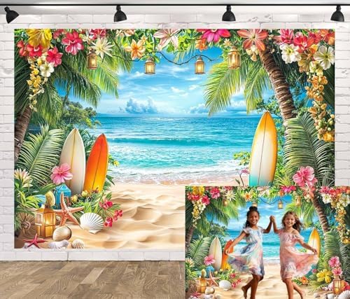 Summer Beach Ocean Backdrop, Tropical Hawaiian Palm Trees Flower Photography Background, Blue Sea Sky Luau Aloha Party Wedding Baby Birthday Bridal Shower Decoration Banner Photo Booth 6X4FT by Unknown