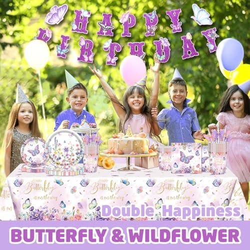 146Pcs Wildflower & Butterfly Plates and Napkins Floral Party Supplies Includes Plates, Napkin, Fork, Cup, Straw, Tablecloth, Banner for Baby Shower Birthday Party Decorations, Serves 24 - Image 7