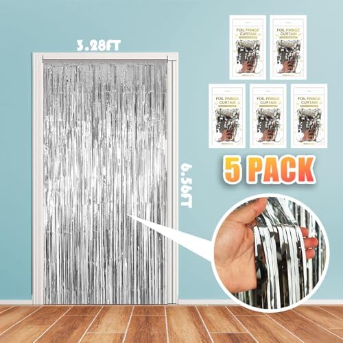 5 Pack 3.28ft x 6.56ft Silver Metallic Tinsel Foil Fringe Curtains, Photo Booth Backdrop Party Decorations for Birthday Wedding Engagement Baby Shower Graduation Bachelorette New Years - Image 2