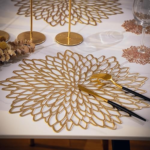 Snowkingdom Pack of 8 Gold Metallic Round Placemats Bulk Round Pressed Vinyl Leaf Dinning Kitchen Table Mats Decoration for Christmas Wedding Thanksgiving Party - Image 4