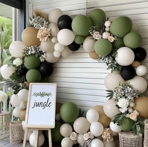 Black Sage Green Nude Balloon Garland Double Stuffed Olive Green Sand White Balloon Avocado Apricot Black Latex Arch Kit for Jungle Safari Wild One Birthday Baby Shower Halloween Decorations - Image 2