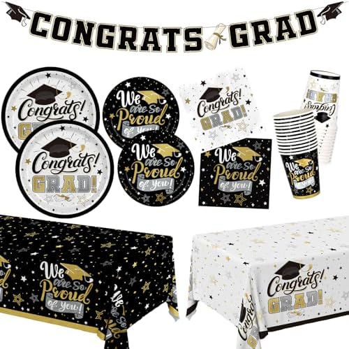 Graduation Decorations 2026 Black and Gold Grad Party Supplies with Disposable Plates, Napkins, Tablecloth, Cups and Congrats Grad Banner for 24 Guests - Graduation Party Decorations by Gatherfun