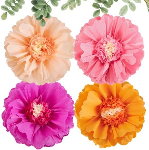 SUNBEAUTY Large Paper Flowers Decorations 4PCS 20'' Pink Orange Giant Paper Flowers Large Crepe Tissue Flower Decorations for Girls Women Birthday Baby Shower Spring Summer Wedding Wall Decor by SUNBEAUTY