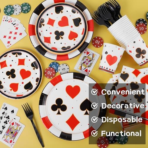 durony 144 Pieces Casino Paper Plates and Napkins Dinnerware Set Casino Birthday Party Tableware Supplies Includes Poker Club Paper Plates Napkins Forks Serve 24 for Casino Party Supplies - Image 4