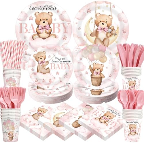450 Pcs Bear Baby Shower Tableware Set, Serve 50, Pink by Unknown