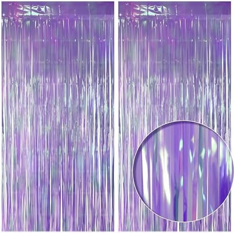 2 Pack Purple Iridescent Streamers Backdrop, 3.3x6.6ft Foil Fringe Curtains Lavender Holographic Door Tinsel Streamers for Birthday, Wedding, Holiday, Bachelorette, Theme Party Decorations by JustShimmer