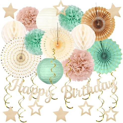 Sage-Green Champagne-Gold Birthday Party-Decorations - 29pcs Beige Retro Green Party Decorations for Women Girls, Happy Birthday Banner Paper Streamers Lanterns Tissue Pom Poms - ZERODECO by ZERODECO