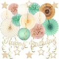 Sage-Green Champagne-Gold Birthday Party-Decorations - 29pcs Beige Retro Green Party Decorations for Women Girls, Happy Birthday Banner Paper Streamers Lanterns Tissue Pom Poms - ZERODECO by ZERODECO