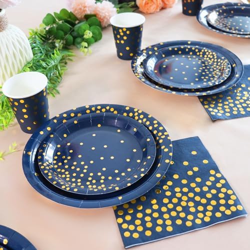 168Pcs Navy Blue Plates and Napkins Party Supplies, Blue Paper Plates Serve 24, blue and Gold Party Decorations, for Birthday, Fathers Day, Graduation, 4th of July - Image 4