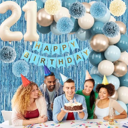 Dusty Blue 21st Birthday Party Decorations Boys Beige Number 21 Balloon - Image 6