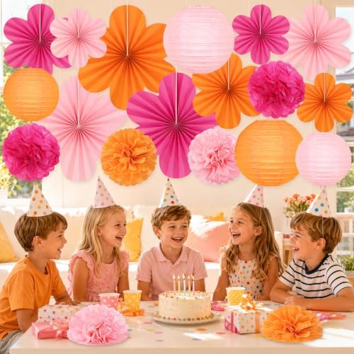 19 Pcs Pink Orange Party Decorations, Hanging Paper Lanterns, Paper Flowers Fans, Tissue Pom Poms, Floral Backdrop Wall Decor for Groovy Birthday Sunset Fall Bridal Shower Wedding Classroom - Image 5