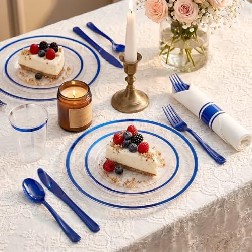 Clear Blue Plastic Plates Dinnerware Set for 175PCS 25 Guests - Image 2