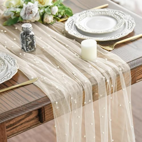 Artoid Mode Pearl Beige Gauze Table Runner 10FT Home Decor by ArtoidMode