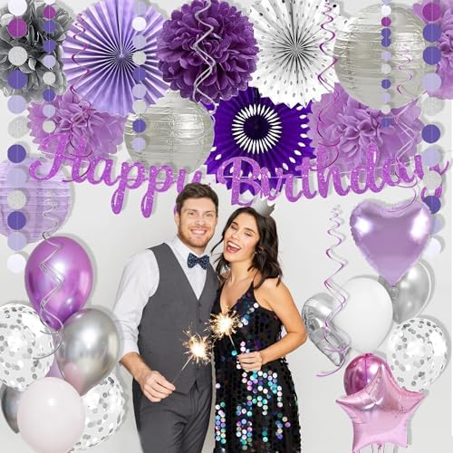 Purple Silver Birthday Party Decorations Kit with Happy Birthday Banner, Paper Lanterns, Streamers, Tissue Pom Poms, Honeycomb Flower Fans, Silver and Purple Balloons, & More for Women Girls' Party - Image 5