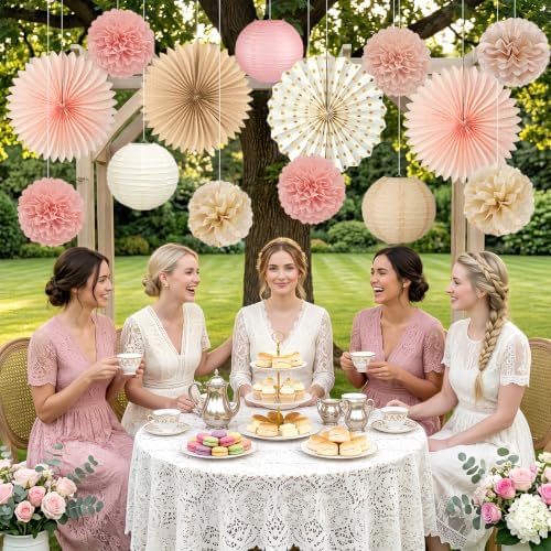 ADLKGG 14 Pcs Champagne Pink & Brown Party Decorations, Boho Paper Lanterns - Image 3