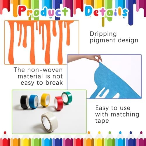 6 Pcs Art Party Table Skirt for Back to School Classroom Paint Party Decor 40 x 28 Inch Rainbow Paint Splatter DIY Back to School with Double Sided Tape for Cartoon Happy Birthday Supplies - Image 3