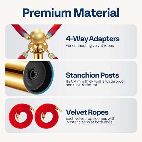 VIVOHOME Gold Stanchions and Velvet Ropes, 5 Feet Ropes and 39 Inch Posts - Image 6