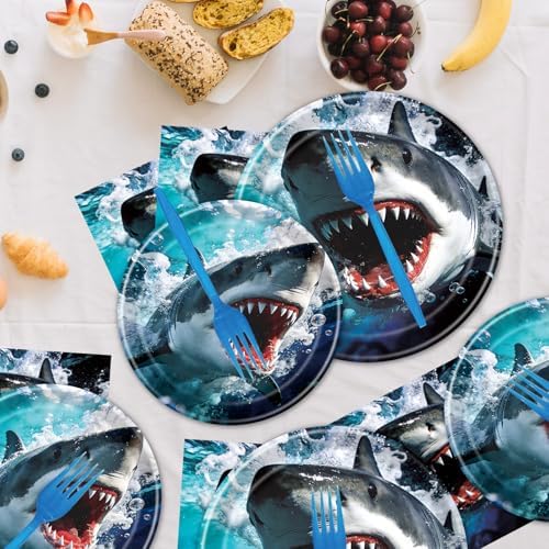 Shark Birthday Party Decorations - 96 Pcs Shark Birthday Plates Napkins Forks Tableware Set Decor, Ocean Under the Sea Dinnerware Set for Summer Boys Baby Shower Serves 24 - Image 6