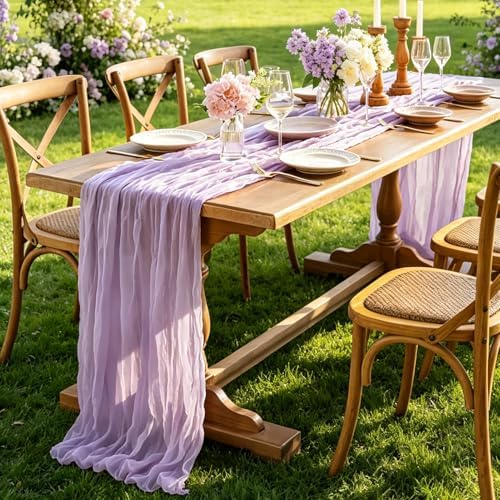 3Pcs Lilac Table Runner, 10FT Rustic Gauze Lavender Table Runner 35*120inch Boho Table Runners for Wedding Bridal Shower Baby Shower Table Centerpiece Decorations - Image 5