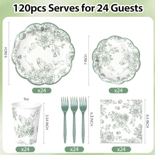 120Pcs Sage Green Floral Plates and Napkins Set for Wedding Bridal Shower - Image 3