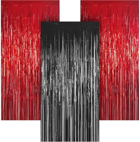 3 Pack 3.28ft x 6.56ft Red&Black Metallic Tinsel Foil Fringe Curtains, Photo Booth Backdrop Party Decorations for Birthday Wedding Baby Shower Graduation Bachelorette New Years by Unknown