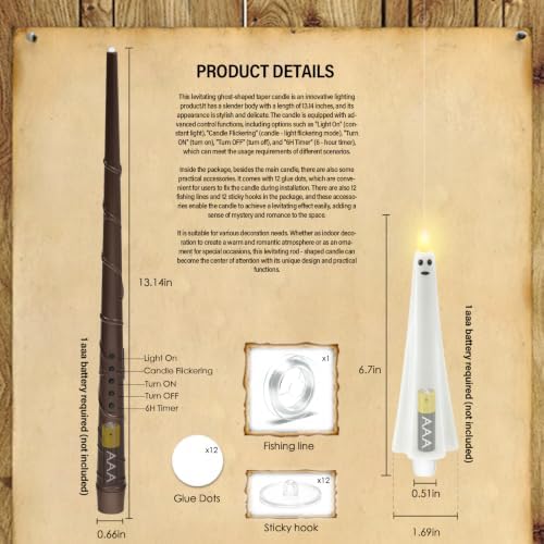 kakoya Ghost Flameless Floating Candles with Wand Remote, 12 Pcs Magic Flickering Battery Operated LED Hanging Taper Candles for Halloween Party Decoration(White) - Image 5