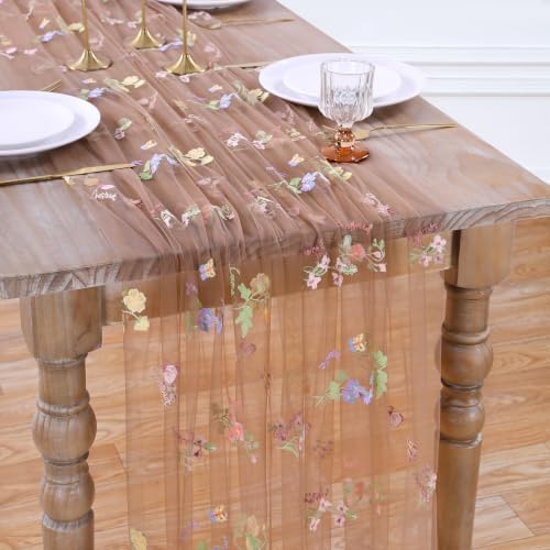 Floral Gauze Table Runner 10ft Embroidery Tulle Spring Wildflower Table by LuoluoHouse