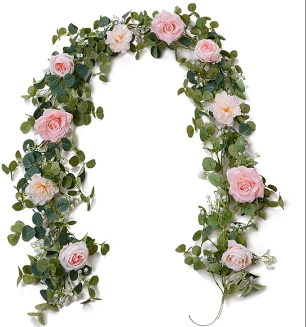 Anna's Whimsy 2PCS 5.91FT Artificial Eucalyptus Garland with Flowers, Fake Rose Gypsophila Garland, Faux Floral Garlands Greenery for Wedding Spring Home Party Table Runner Decor (Pink) by AnnasWhimsy