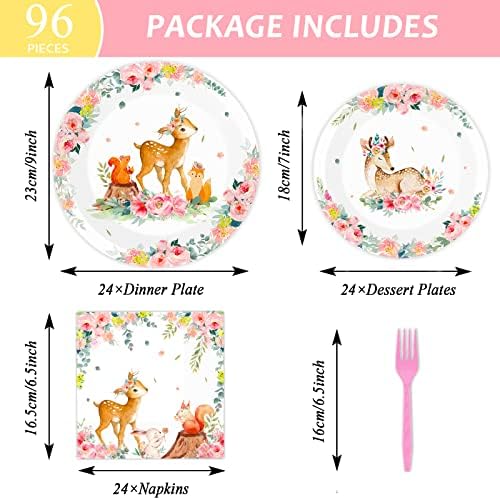 Tevxj 96PCS Woodland Baby Shower Tableware Set Girls Pink Safari Dinnerware Disposable Plates Woodland Party Plates Napkins Forks for Forest Animal Deer Flower Party Decorations Supplies 24 guests - Image 2