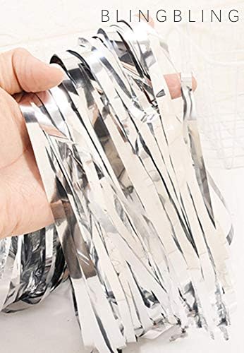 2 Pcs 3.2ft x 8.2ft Shiny Silver Metallic Tinsel Foil Fringe Curtains Photo Booth Backdrop for Birthday Wedding Bridal Shower Holiday Celebration Bachelorette Party Decorations - Image 3