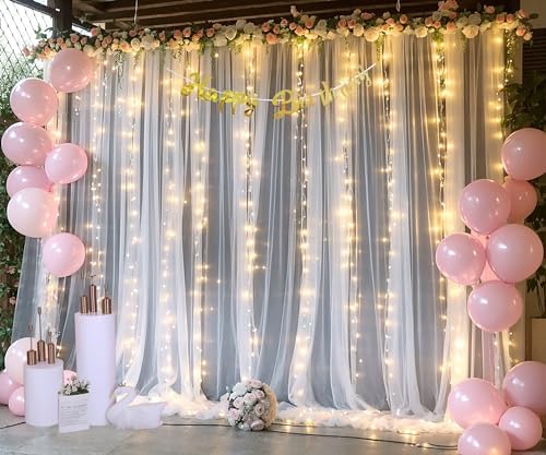 White Tulle Backdrop Curtain with Lights String for Parties Wedding Bridal Shower Sheer White Curtain Backdrop for Birthday Baby Shower Photo Booth Photography Background Decorations 20ft x 8ft - Image 5