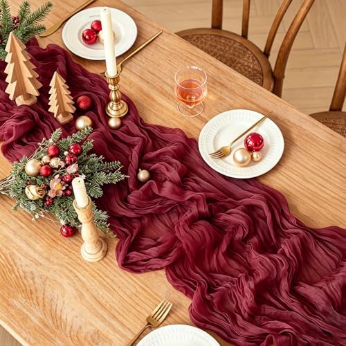 3Pcs Burgundy Table Runner, 10FT Boho Rustic Burgundy Maroon Table Runner 120inch Cheese Cloth Red Runner for Wedding Christmas Birthday Holiday Party Decorations - Image 2