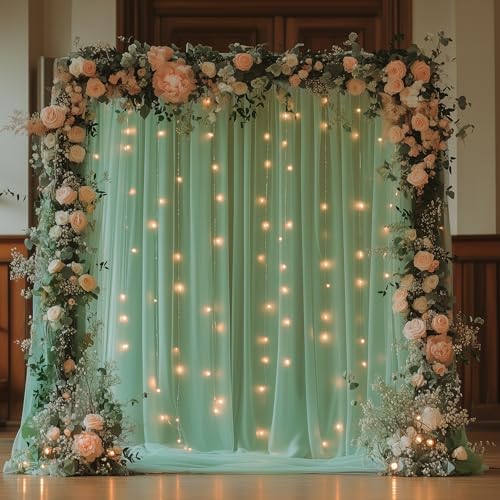 Tulle Backdrop Curtain with Lights Green Sheer Curtains Backdrop 10x10ft by Fomcet