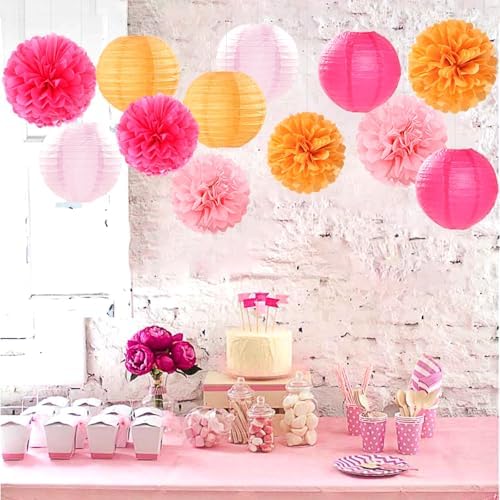 Pink-Orange Party-Decorations Paper-Flowers Lanterns - 15PCS Fall Wedding Birthday Tissue Pom Poms Streamers, Boho Baby Bridal Shower Graduation Sunset Hanging Supplies Decor Hugfond - Image 3