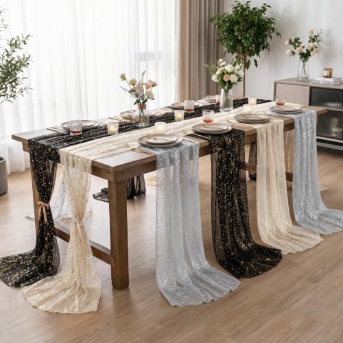 Artoid Mode 3PC Beige Black White Gauze Table Runner 120 Inch 10FT, Glitter Metallic Foil Sheer for Wedding Anniversary Holiday Birthday Home Party Decor - Image 5