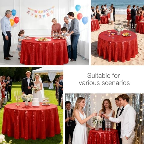 Pufogu 50" Round Red Sequin Tablecloth Glitter Red Table Cloths for Birthday Wedding Bridal Baby Shower Party Decorations - Image 4