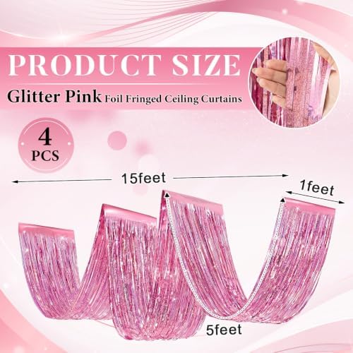 Breling 4 Pcs Iridescent Pink Ceiling Fringe Curtains, Foil Drapes, 15 ft - Image 2